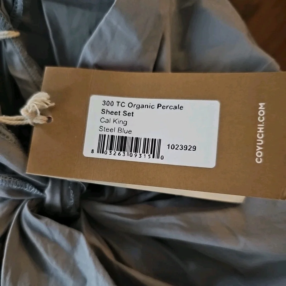 Coyuchi 300 TC Organic Percale Cotton Cal King Sheet Set Steel Blue, $308, NWT!